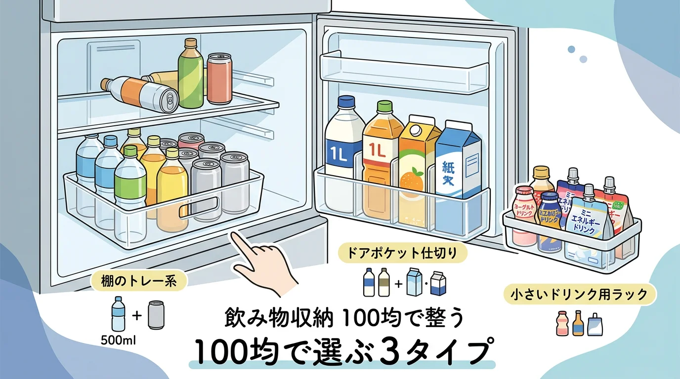 冷蔵庫 飲み物 収納 100均で選ぶ3タイプ