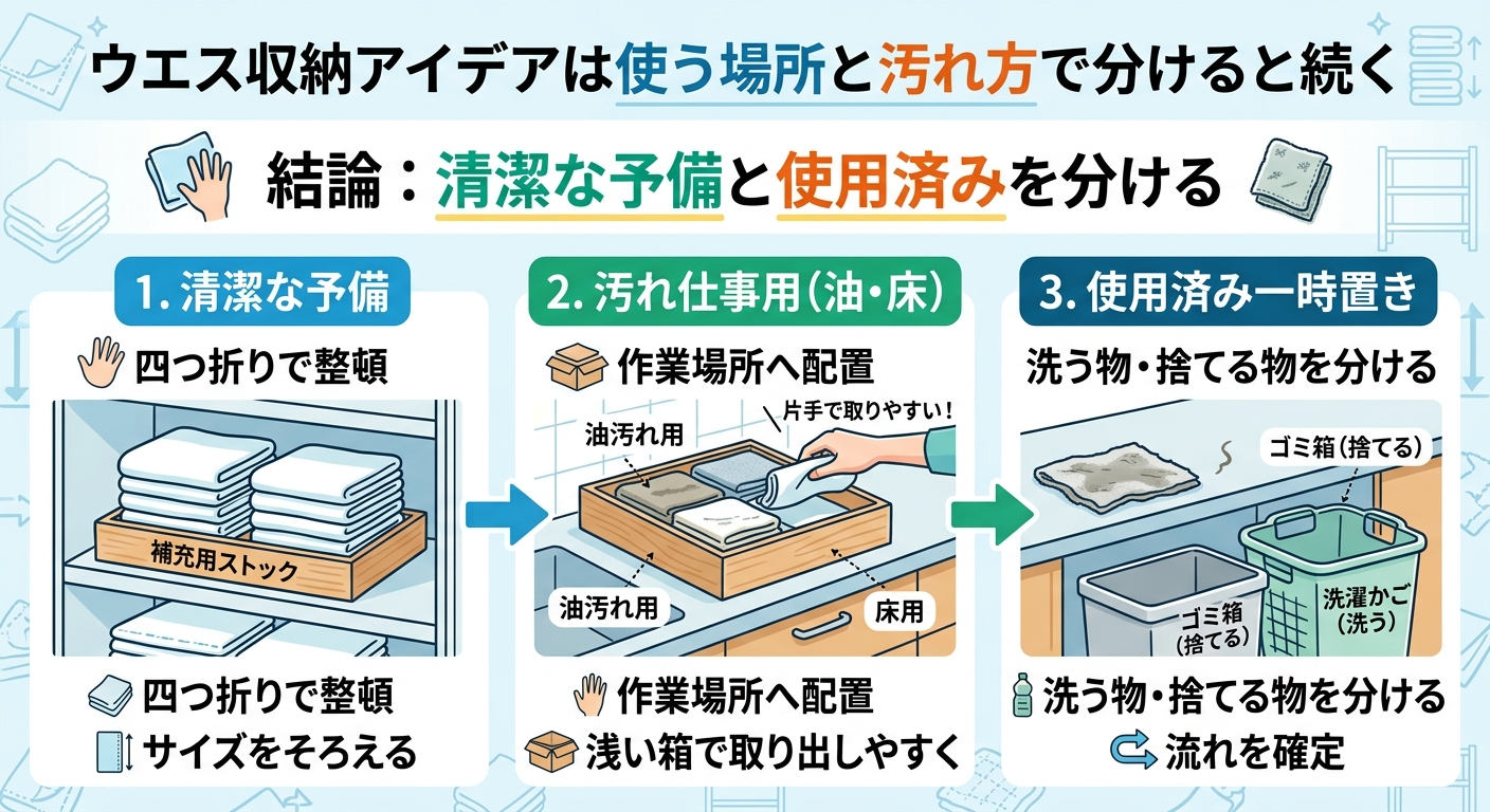 ウエス収納アイデア 取り出しやすい分け方